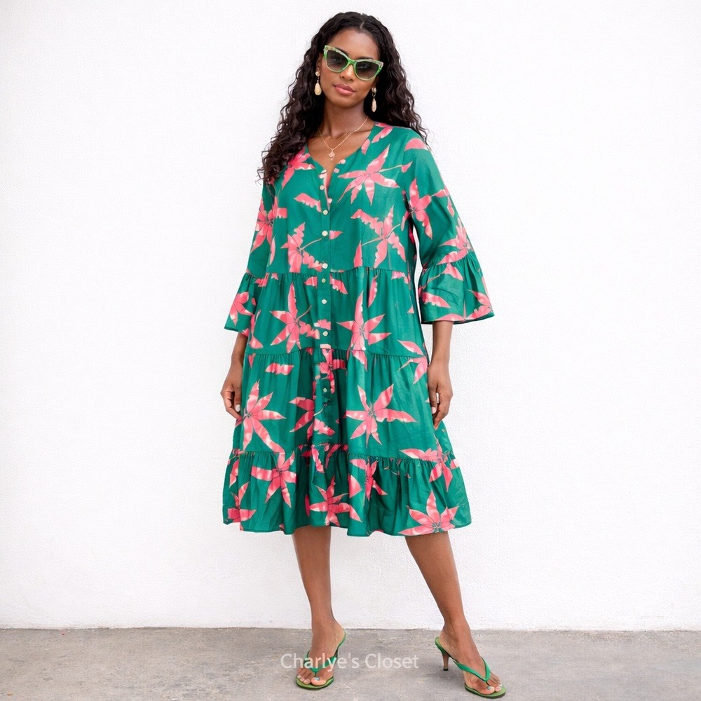 Tropical Leaf Babydoll Tiered Green Pink Midi Dress 0XL Resort Cruise Casual